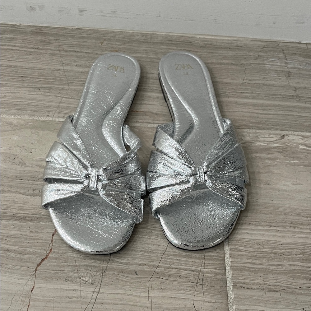 Zara Metallic Silver Bow Slide Sandals